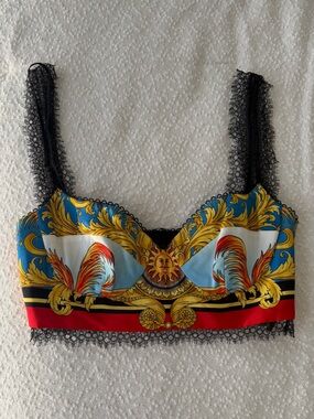 Versace Baroque Print Bralette in Blue, Gold & Red with Black Lace